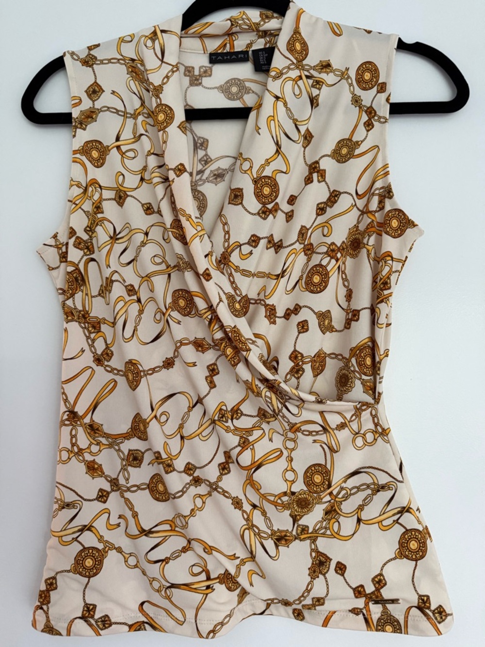Tahari Cream and Gold Chain-Print Sleeveless Draped V-Neck Top
